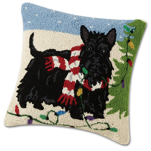 Holiday Scottie Hooked Dog Pillow