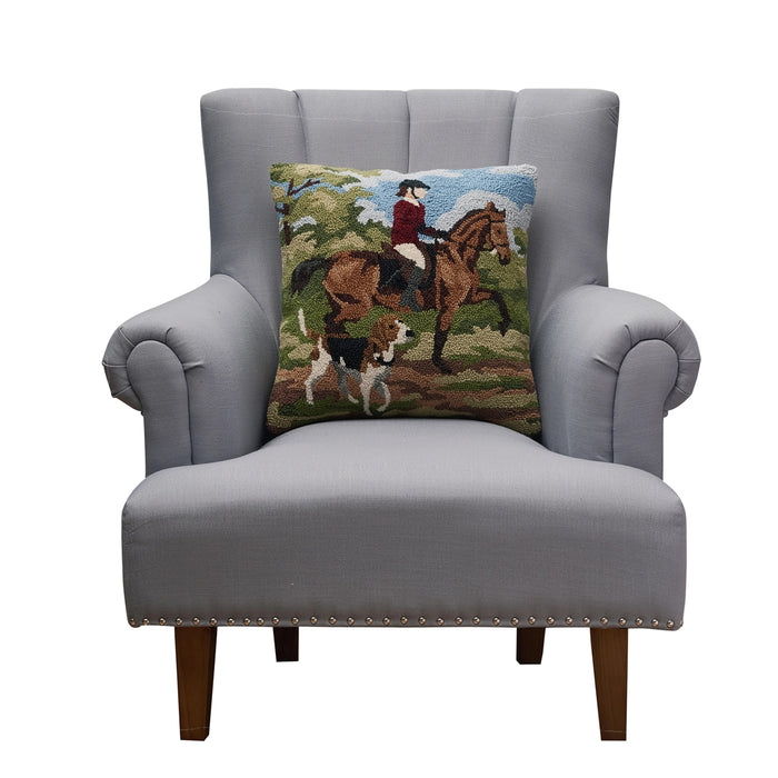 Foxhunter Horse & Rider Hooked Pillow