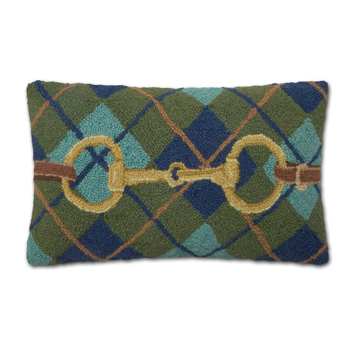 Snaffle Bit Green & Navy Plaid Hooked Pillow