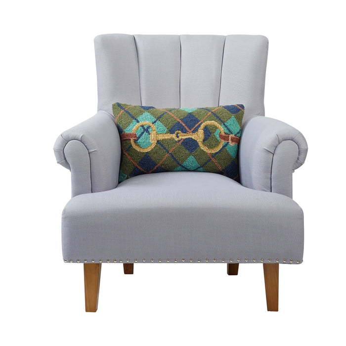 Snaffle Bit Green & Navy Plaid Hooked Pillow