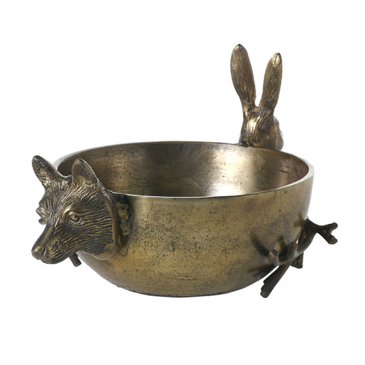 Fox and Hare Centerpiece Brass Bowl