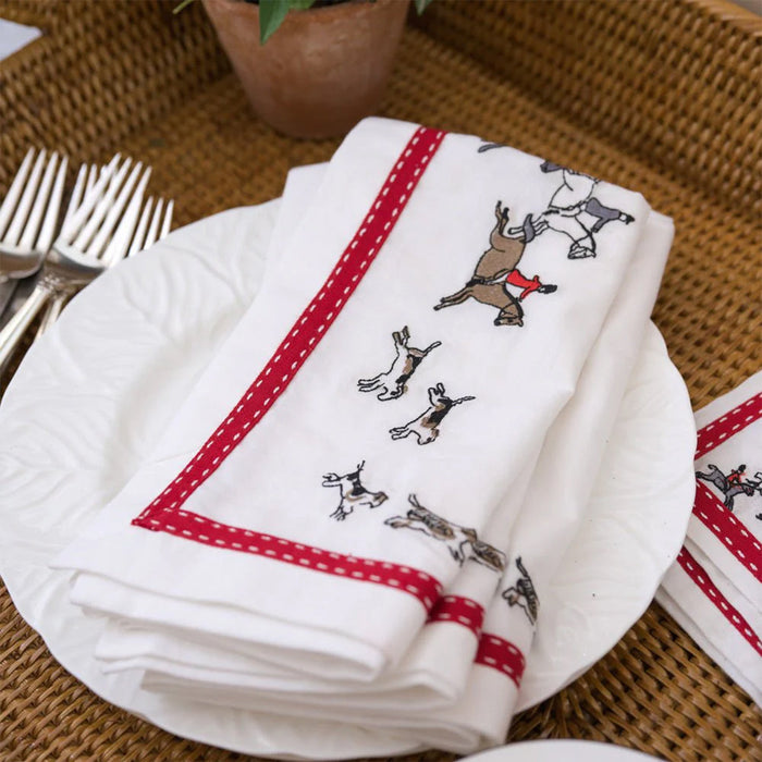 Foxhunt Red Ribbon Embroidered Napkins - Set of 4