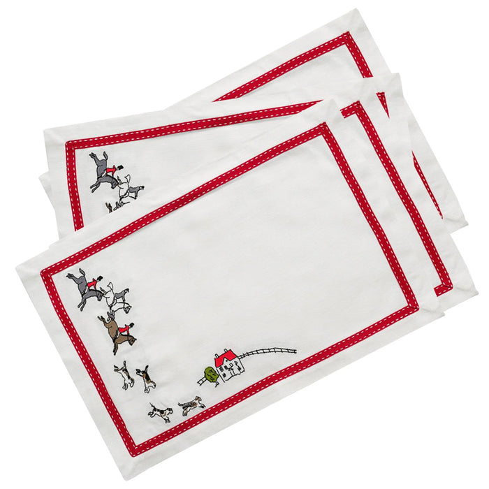 Foxhunt Red Ribbon Embroidered Placemats - Set of 4