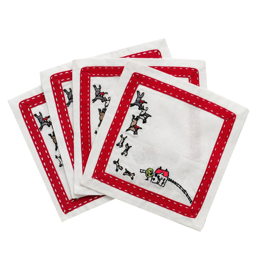 Foxhunt Red Ribbon Embroidered Cocktail Napkins - Set of 4