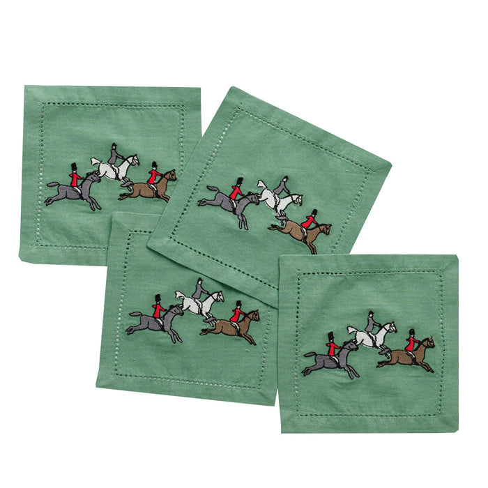 Foxhunt Green  Embroidered Cocktail Napkins - Set of 4