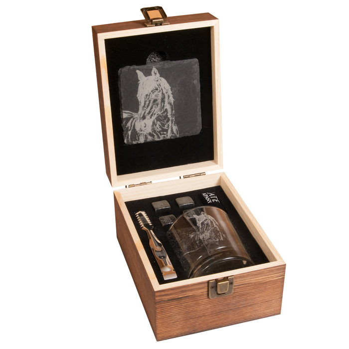 Horse Portrait Whisky Drink Set - Wooden Box