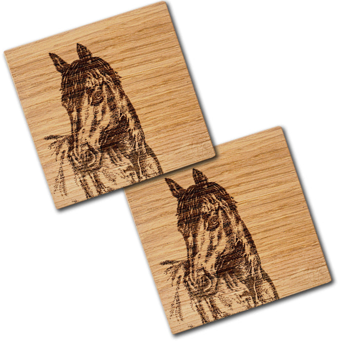 Horse Portriat Engraved Oak Coasters - Set of 2