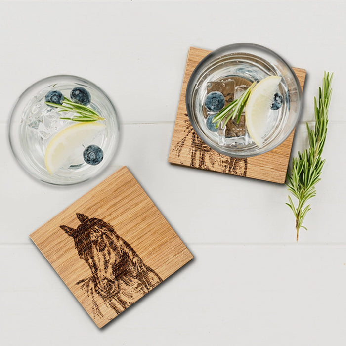 Horse Portriat Engraved Oak Coasters - Set of 2