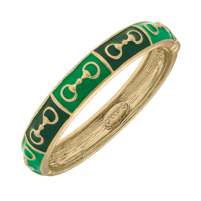 Snaffle Horse Bit Enamel Hinged Bangle - Green