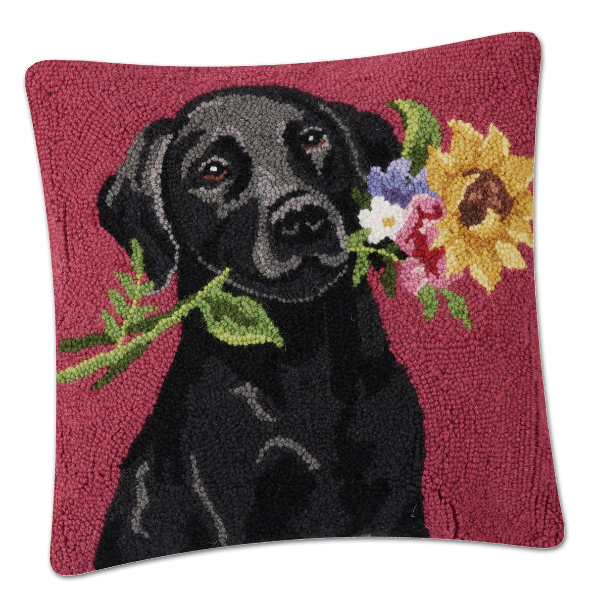 Yellow lab and heart hooked wool pillow